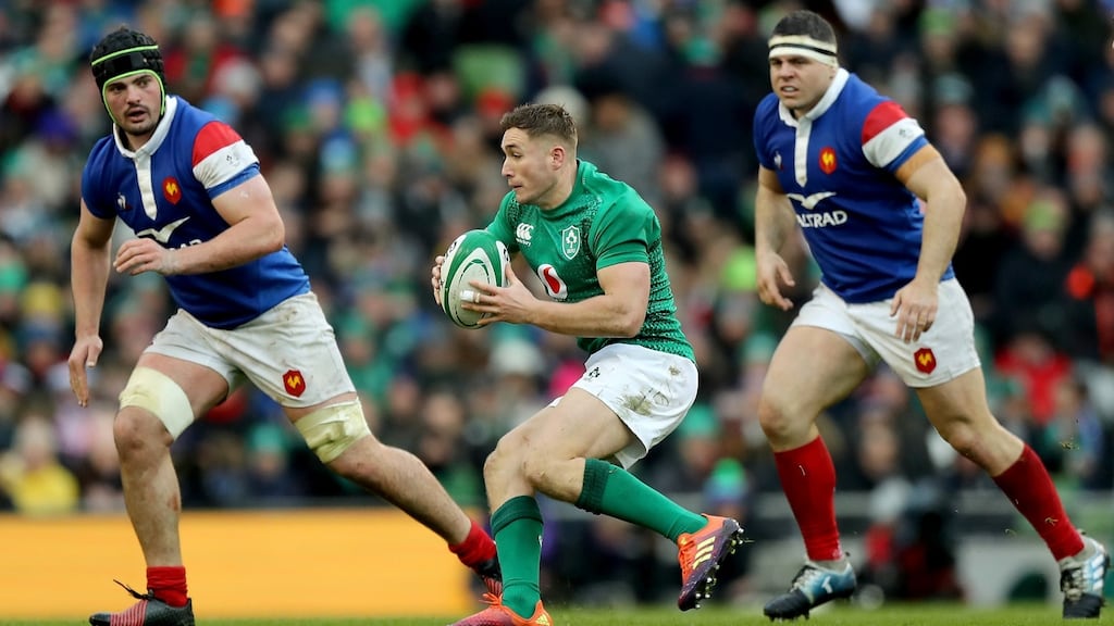 Jordan Larmour of Ireland in action during the Six Nations win over France. Photograph: David Rogers/Getty Images