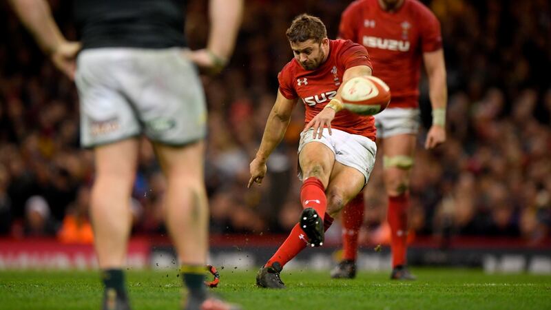 Leigh Halfpenny kicks the winning penalty against South Africa. Photograph: Stu Forster/Getty Images