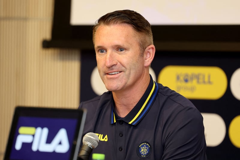 Irish professional football coach and former player Robbie Keane gives a press conference at Maccabi Tel Aviv football club's home field, on June 27, 2023 in Tel Aviv, after signing a two-year head coach contract with the Israeli team. (Photo by JACK GUEZ / AFP) (Photo by JACK GUEZ/AFP via Getty Images)