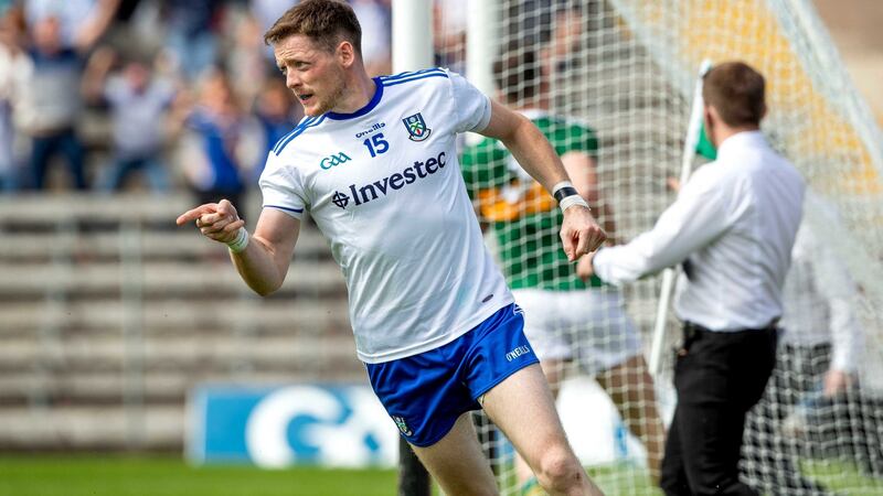 Monaghan’s Conor McManus celebrates scoring a goal during his team’s All-Ireland Senior Football Championship quarter-final against Kerry at St Tiernach’s Park, Clones. Photograph: ©INPHO/Morgan Treacy