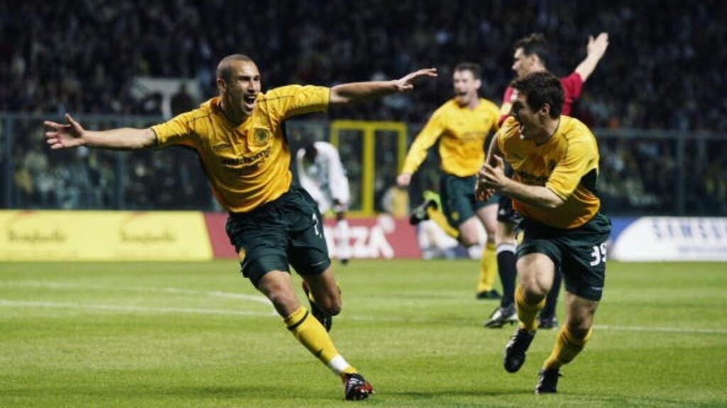 Henrik Larsson recovered from a broken leg in 1999 to become Celtic’s record goalscorer. Photograph: Ross Kinnaird/Getty