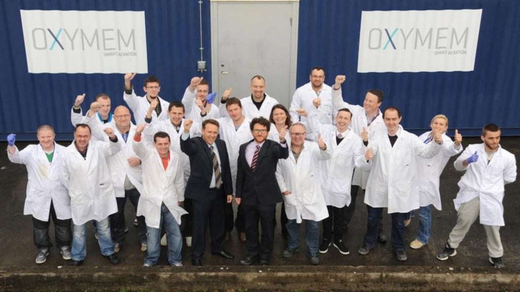 Managing director of OxyMem Wayne Byrne (front left) and Dr Eoin Syron, technical director of OxyMem, with the team of the UCD spin-out when celebrating the completion of the world’s largest membrane aerated biofilm reactor. Photograph: David O’Shea