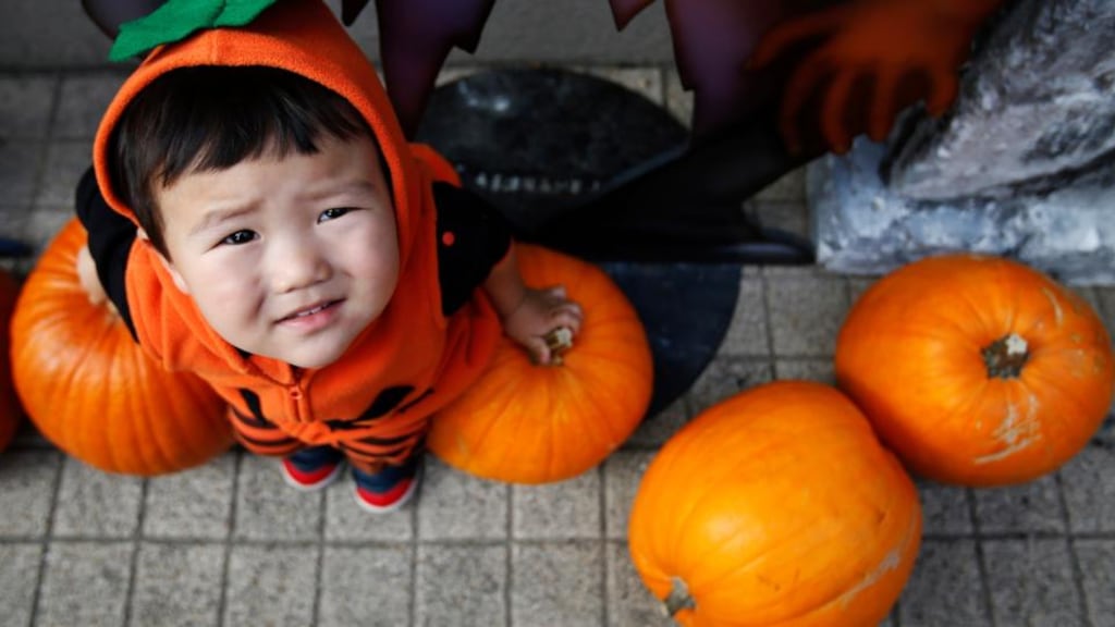 It’s Halloween! Shunto (2), sits on pumpkins before a Halloween parade in Kawasaki, south of Tokyo. Photograph: Yuya Shino/Reuters