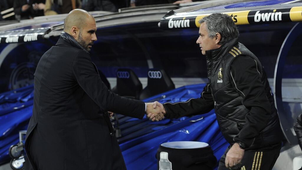 Pep Guardiola and Jose Mourinho will renew their rivalry in Manchester next season. Photograph: Getty Images