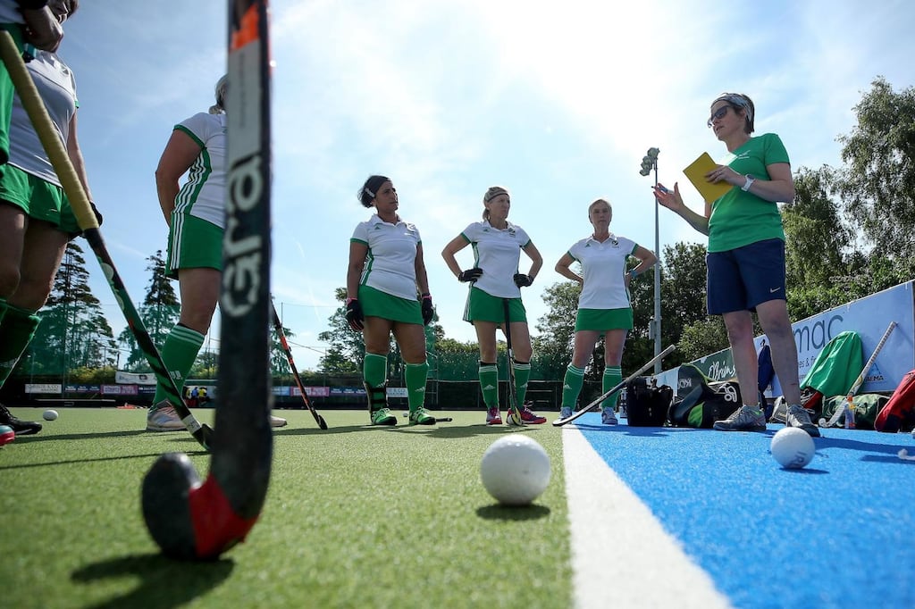 Ireland over-55 head coach Mary Logue (right), with players Susie Kinley, Orla Galvin and Punam McGookin