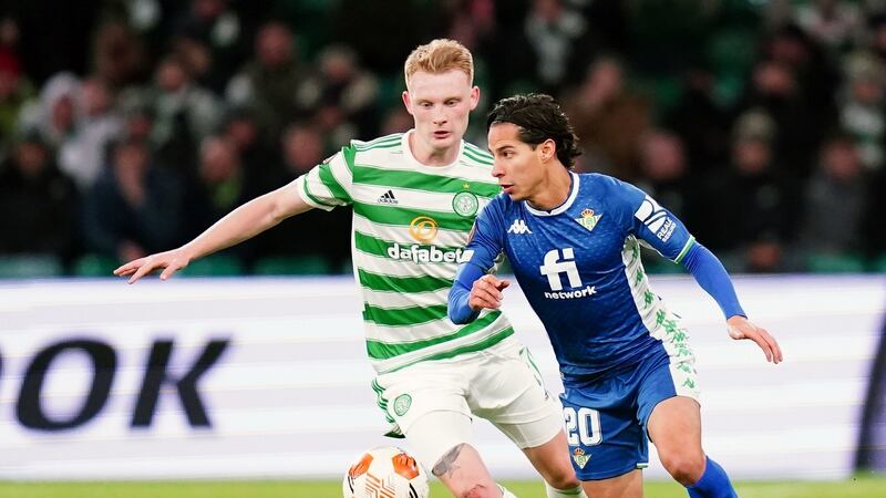 Celtic’s Liam Scales in action against Diego Lainez of Real Betis during the Europa League match at Celtic Park in Glasgow. Photograph: Jane Barlow/PA Wire