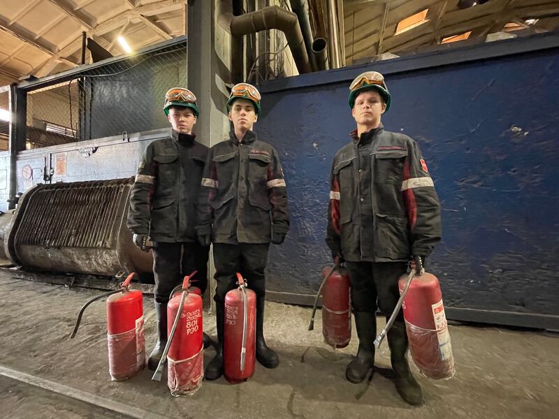 Vladyslav, Yaroslav and Ivan, apprentices in the Pokrovsk coal mine in eastern Ukraine. Photograph: Daniel McLaughlin