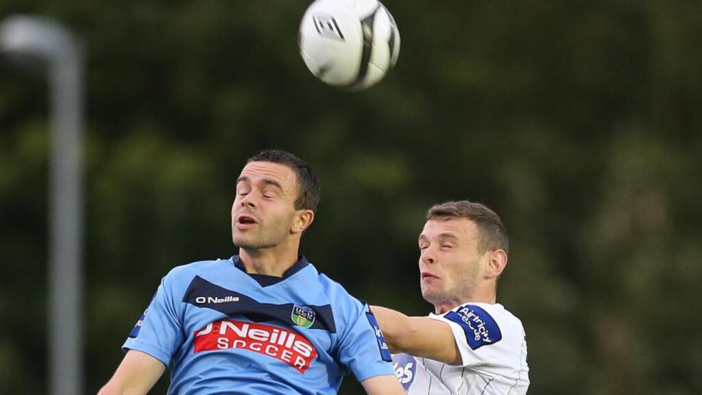 UCD’s Robbie Benson and Andy Boyle of Dundalk at the UCD Bowl. Photograph: Lorraine O’Sullivan/Inpho
