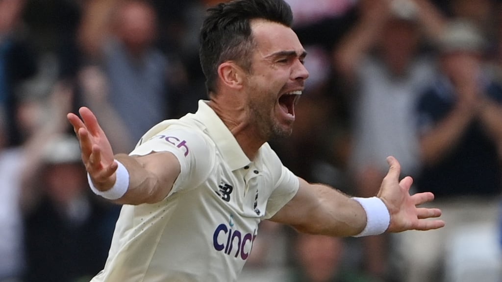 James Anderson celebrates taking the wicket of Virat Kohli at Trent Bridge. Photograph: Paul Ellis/Getty/AFP