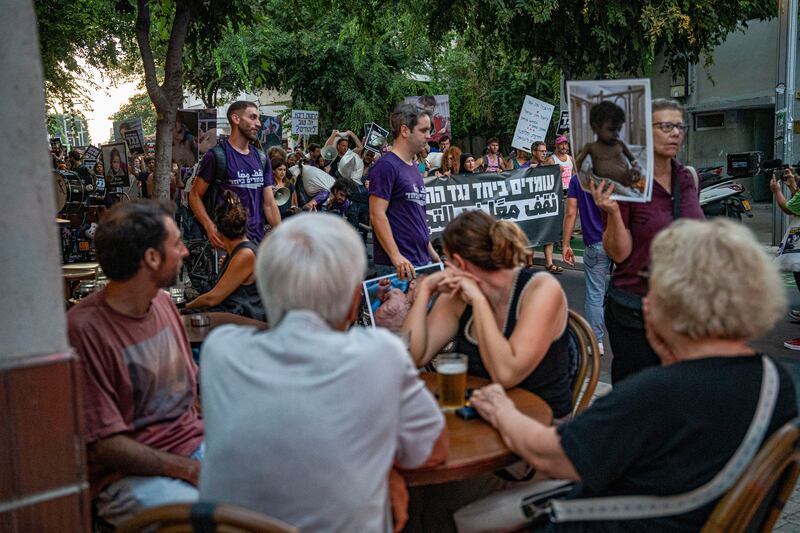 Hundreds of Israelis gather in Tel Aviv, marching and protesting against the Israeli government, accusing it of starving Palestinian civilians in Gaza. Photograph: Ori Aviram / Middle East Images via AFP