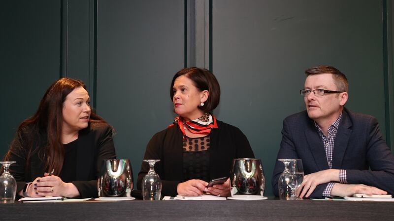 Sinn Féin president Mary Lou McDonald with negotiating team members Louise O’Reilly TD and David Cullinane TD. Photograph: Nick Bradshaw