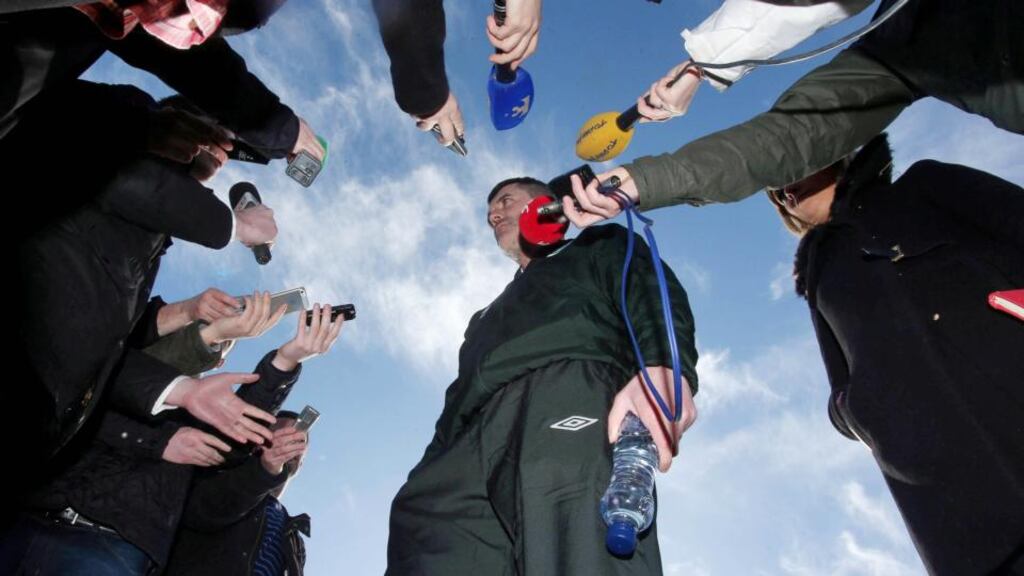 Republic of Ireland assistant manager Roy Keane speaks to the media after training at Gannon Park in Malahide, Co Dublin, yesterday. Photograph: Donall Farmer/Inpho