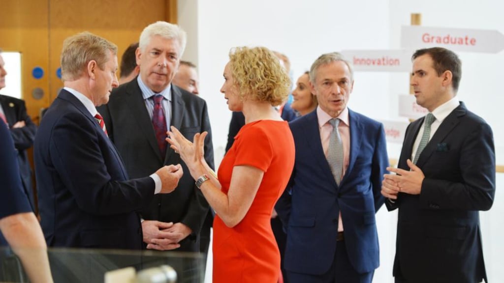 Vodafone’s Anne O’Leary (centre) talks with Taoiseach Enda Kenny and Minister for Communications Alex White at Vodafone Ireland’s new European sales centre in Carrickmines. Also pictured is Martin Shanahan of the IDA (far right) and Minister for Jobs Richard Bruton. Photograph: Alan Betson