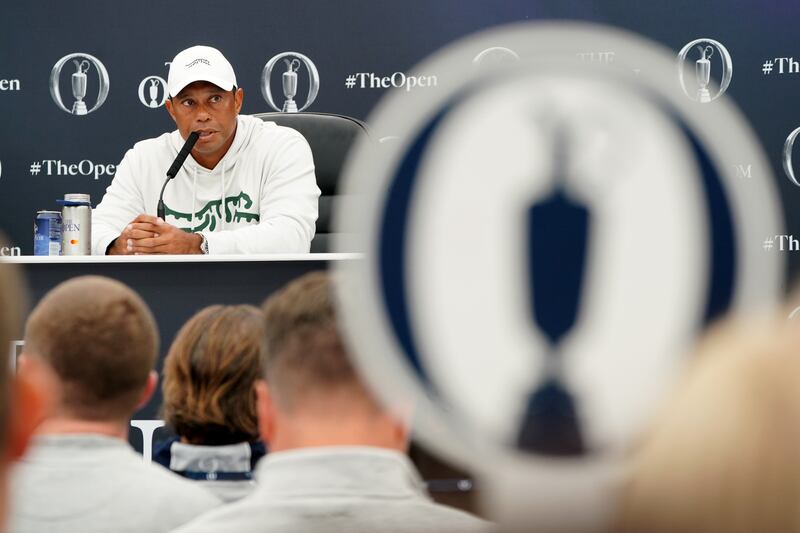 Tiger Woods talks to the media ahead of the Open Championship at Royal Troon. Photograph: Jane Barlow/PA Wire
