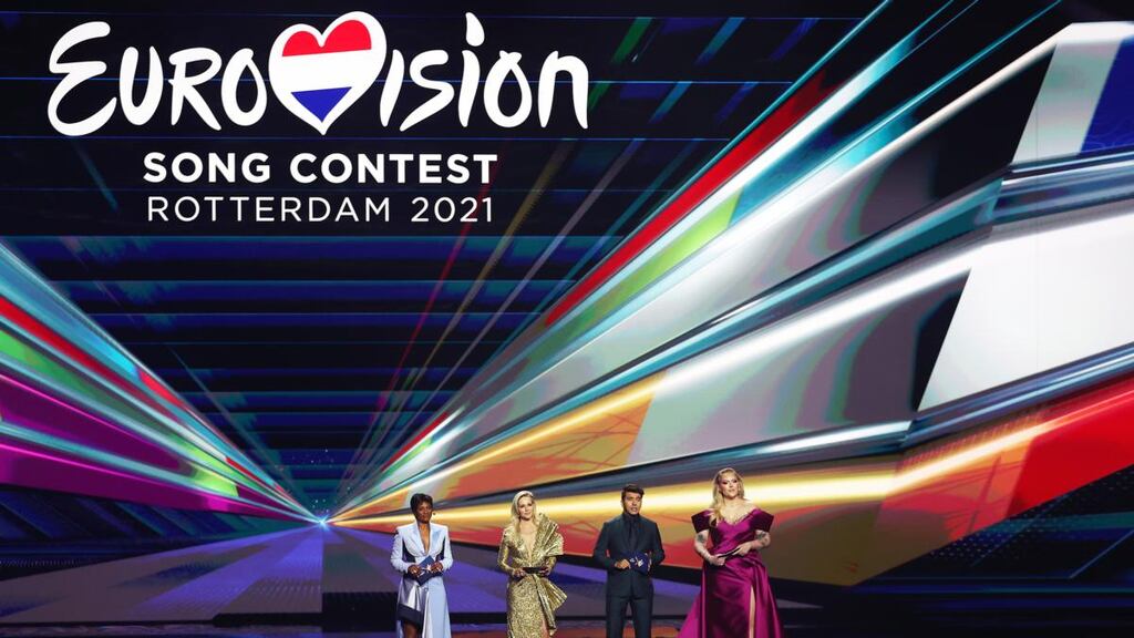 Presenters (left to right) Edsilia Rombley, Chantal Janzen, Jan Smit and Nikkie de Jager during the 65th Eurovision Song Contest dress rehearsal. Photograph: Dean Mouhtaropoulos/Getty