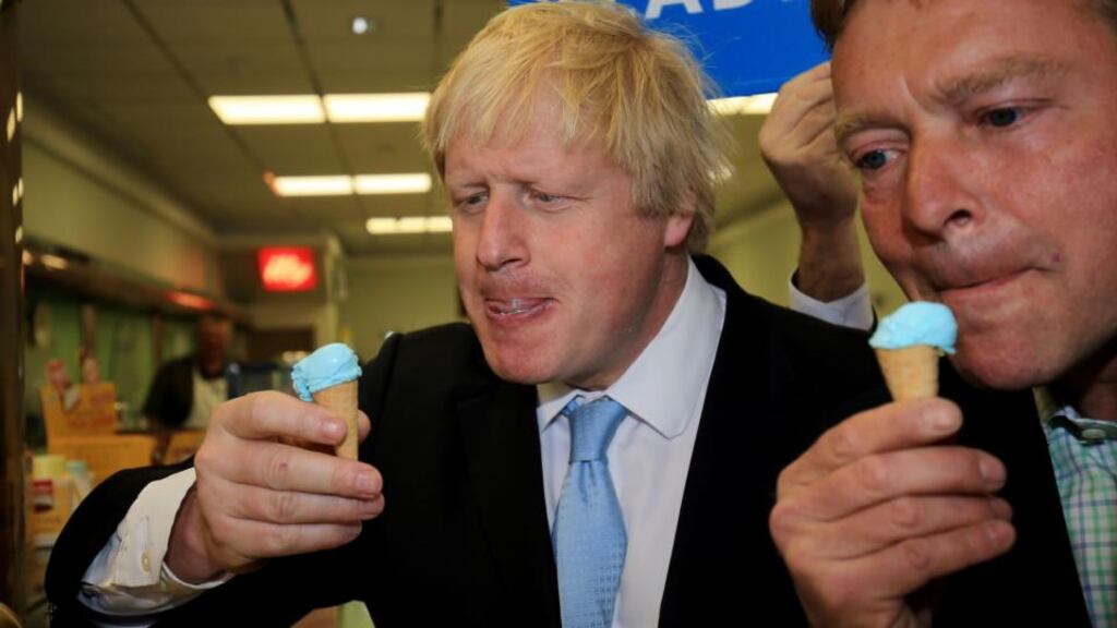 Mayor of London Boris Johnson and Craig Mackinlay, Conservative Parliamentry candidate for South Thanet, enjoy an ice cream  in Ramsgate, Kent. Photograph: Gareth Fuller/PA Wire