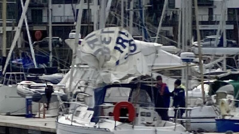 The disabled yacht after being brought into Kinsale harbour.