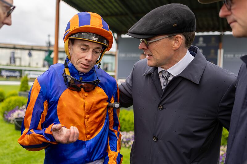 Ryan Moore and Aidan O’Brien after winning The Tattersalls Irish 1,000 Guineas with Lake Victoria at The Curragh on Sunday. Photograph: Morgan Treacy/INPHO