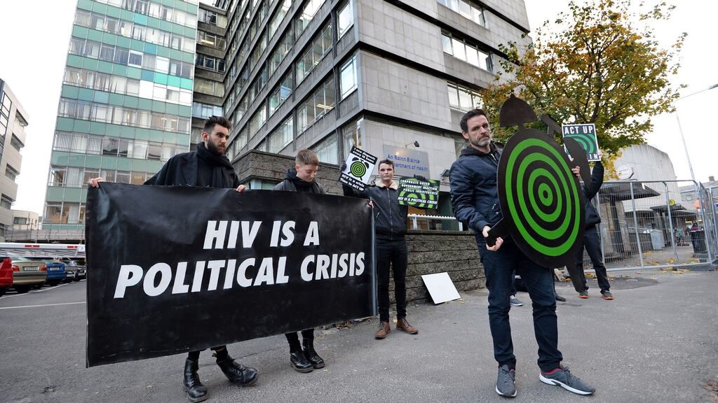 Members of ACT UP DUBLIN, at the Department of Health, calling on government to address HIV crisis. Photograph: Eric Luke