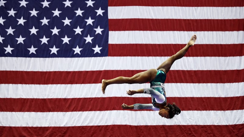Simone Biles competes on the balance beam during the Senior Women’s competition of the 2019 US Gymnastics Championships. Photograph: Jamie Squire/Getty Images