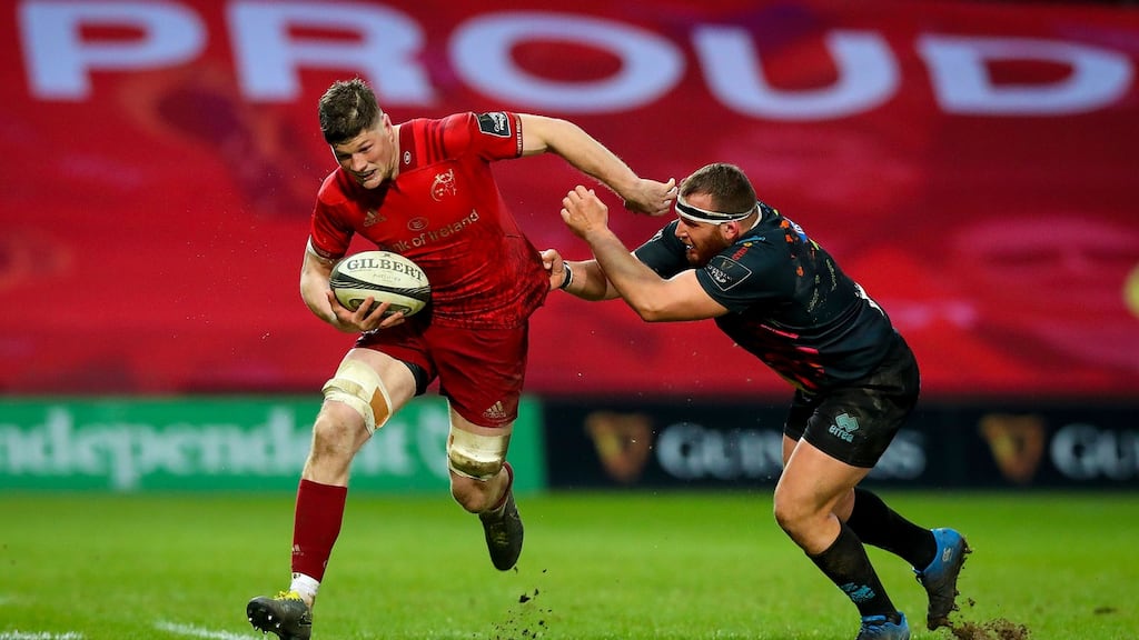 Munster’s Jack O’Donoghue in action against Andrea Lovotti of Zebre in their victory last weekend at Thomond Park. Photograph: Tommy Dickson/Inpho