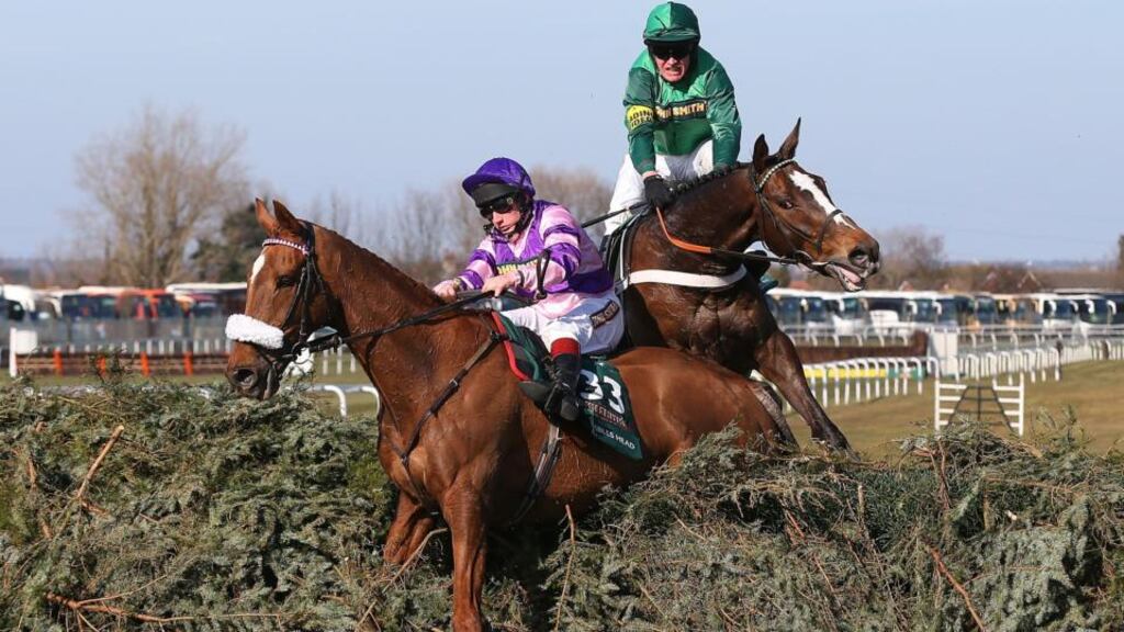 Mumbles Head with Jamie Moore (left) and Barry Geraghty’s Roberto Goldback refuse the last during Saturday’s Grand National. Photograph: Getty Images