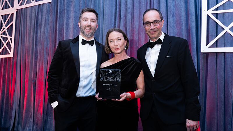 Collette Burns, architect, TU Dublin, presents the best use of digital technology to Brian Malone and Roldan Jacoby, Henry J Lyons