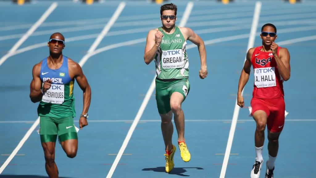 Ireland’s Brian Gregan (centre) trails Anderson Henriques of Brazil (left) and Arman Hall of the United States in his 400m heats at the IAAF World Athletics Championships in  Moscow this morning. Photograph:  Christian Petersen/Getty Images