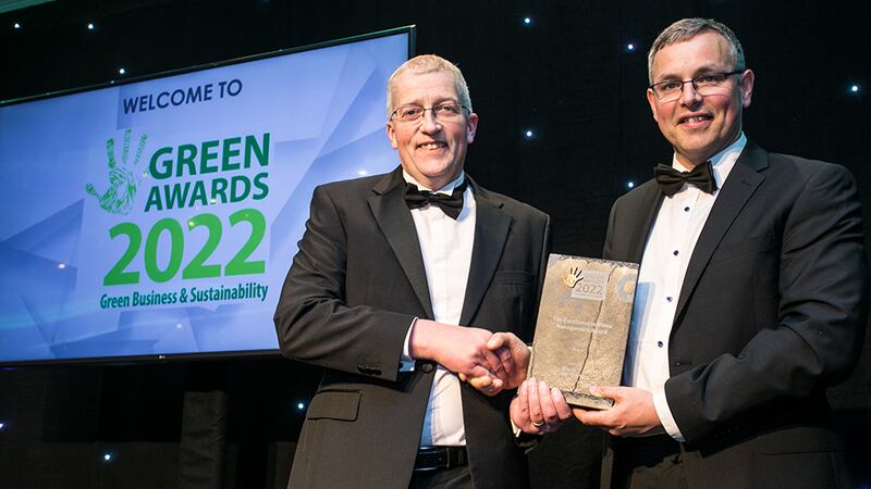 Brendan Connolly, Renewable Energy Development Manager at Bord na Móna, presents The Excellence in Waste Management Award to Sean Donohoe, Tesco.