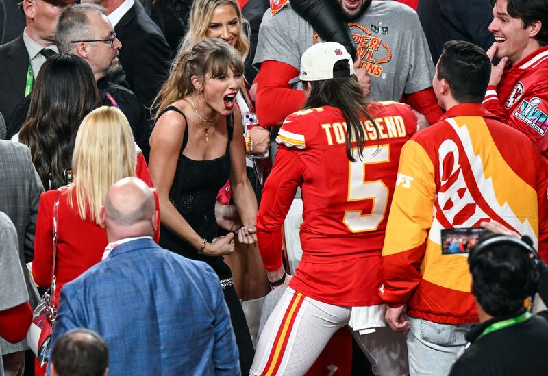 Tommy Townsend of Kansas City Chiefs with Taylor Swift following Super Bowl. Photograph: PA Wire