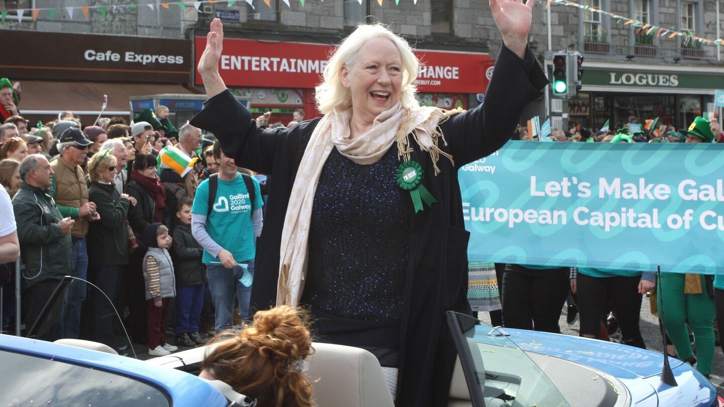 Guest of honour Marrie Mullen, co-founder of Druid Theatre, at the St Patrick’s Day parade in Galway City. Photograph: Joe O’Shaughnessy