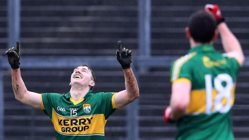 Kerry’s James O’Donoghue celebrates one of his three goals against Tyrone in Killarney on Sunday. Photograph: Inpho/Cathal Noonan