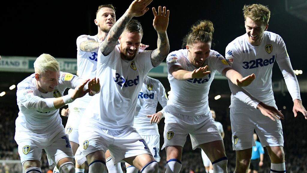 Pontus Jansson (third from left) celebrates scoring Leeds’  opening goal  during the  Championship match against Swansea City at Elland Road. Photograph:  George Wood/Getty Images