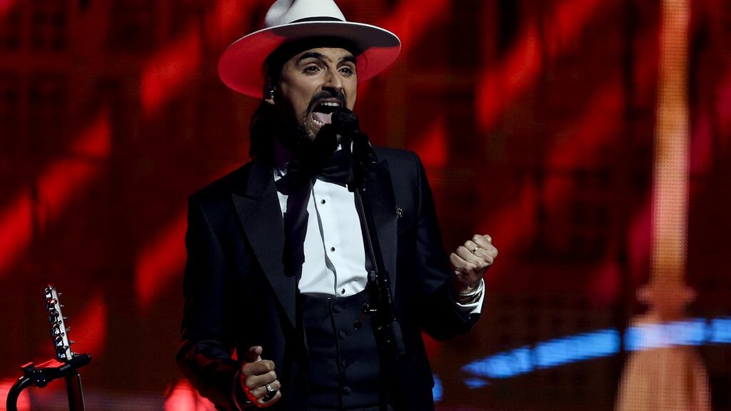 Pedro Tatanka of Portugal’s The Black Mamba performs during the second semi-final of the 65th Eurovision Song Contest at the Ahoy convention centre in Rotterdam. Photograph: Kenzo Tribouillard/AFP via Getty Images