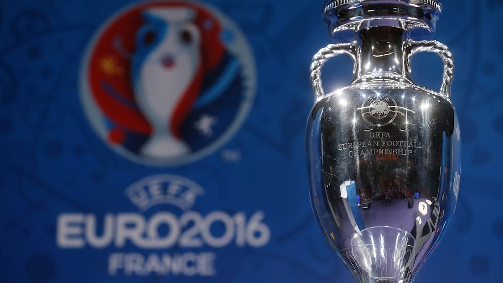 The Euro 2016 soccer trophy on display in Paris on Wednesday at an event to mark 100 days to the start of the competition. Photograph: Christian Hartmann/Reuters