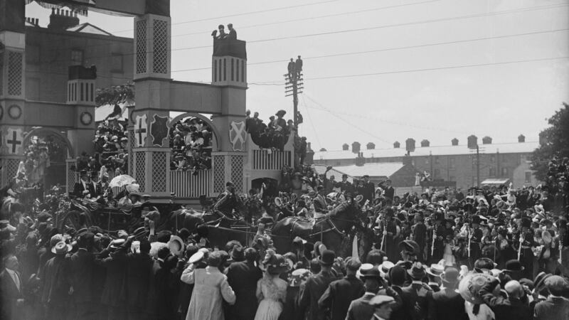 King George V and Queen Mary pass through Leeson Bridge on their way into Dublin from Kingstown Harbour during a visit to Ireland, July 1911. Photograph: Topical Press Agency/Hulton Archive/Getty Images