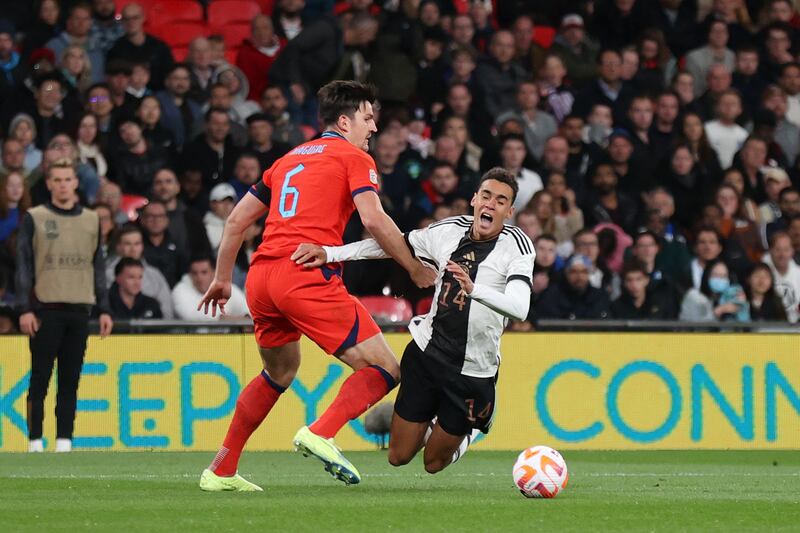 England's Harry Maguire fould Jamal Musiala of Germany to concede a penalty during the UEFA Nations League game at Wembley. The game finished 3-3. Photograph: Julian Finney/Getty Images