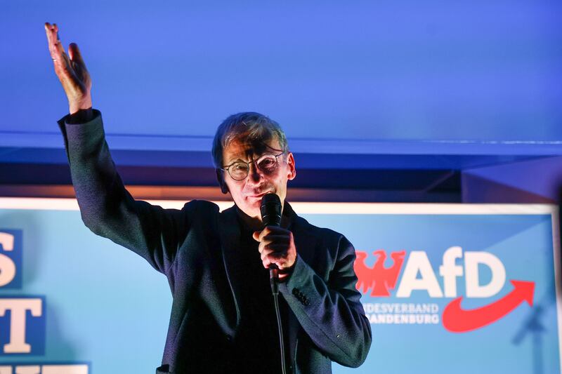 Alternative for Germany (AfD)'s top candidate for the regional elections in Brandenburg, Hans-Christoph Berndt, speaks during a election campaign rally in Cottbus on Thursday. Photograph: Filip Singer/EPA-EFE
