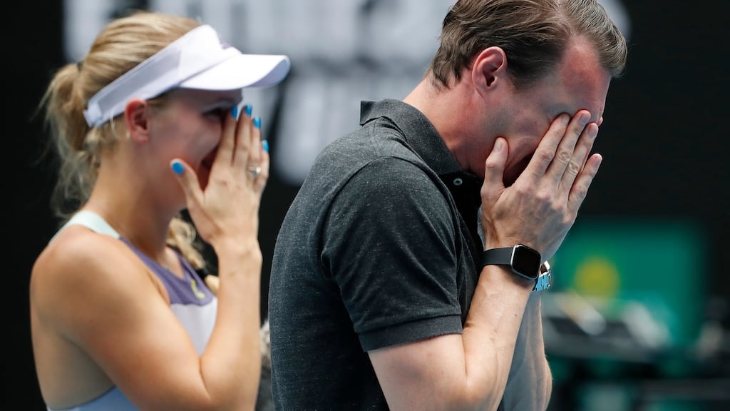 Caroline Wozniacki and her brother Patrik Wozniacki cry as she receives a retirement ceremony after her women’s singles third round match against Ons Jabeur of Tunisia at the Australian Open in Melbourne. Photograph: Francis Malasig/EPA