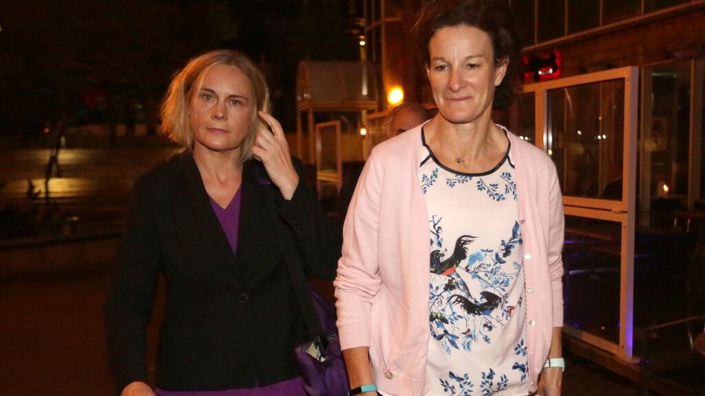 Olympic Council of Ireland (OCI) Board members Sonia O’Sullivan (right) and CEO of Swim Ireland Sarah Keane arrive at the offices of law firm Arthur Cox in Dublin City centre where the OCI held a meeting to discuss the Olympic tickets controversy.  Photograph: Laura Hutton/The Irish Times