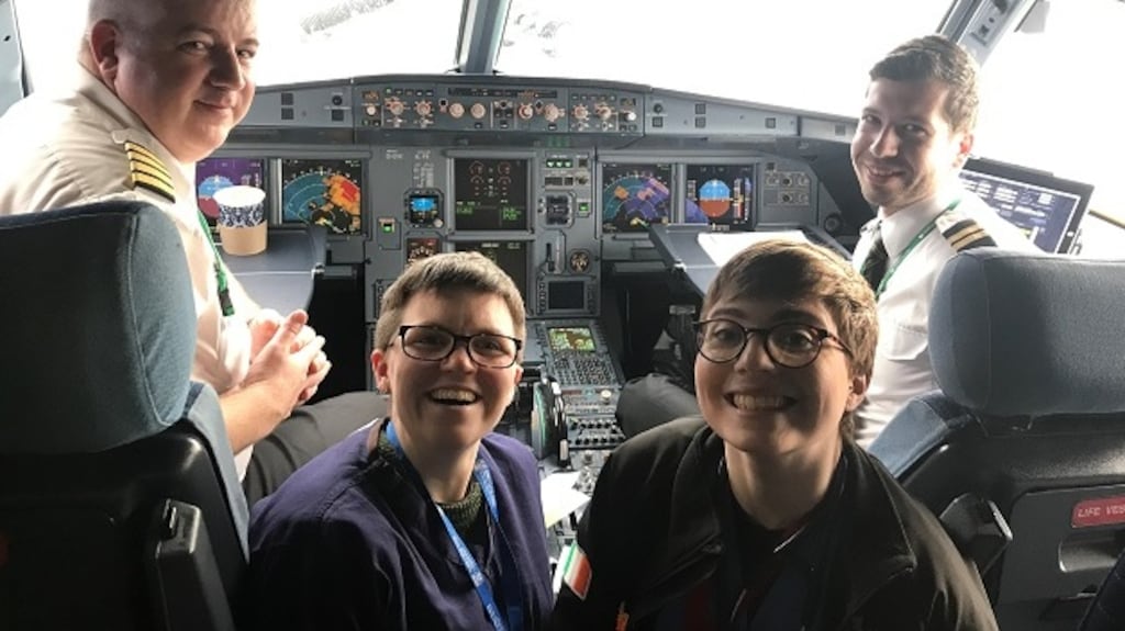 On board EI608 to Amsterdam we popped into the cockpit with the pilot and the fabulous AerLingus flight crew facilitate us selling our story to the flight passengers