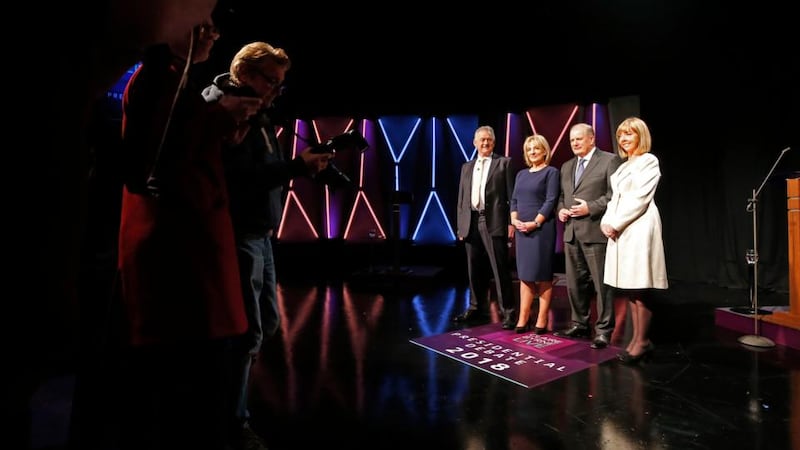 Candidates (from left) Peter Casey; Liadh Ni Riada; Joan Freeman and Gavin Duffy just before their live debate on RTÉ’s ‘Claire Byrne Live’ Photograph: Nick Bradshaw/The Irish Times
