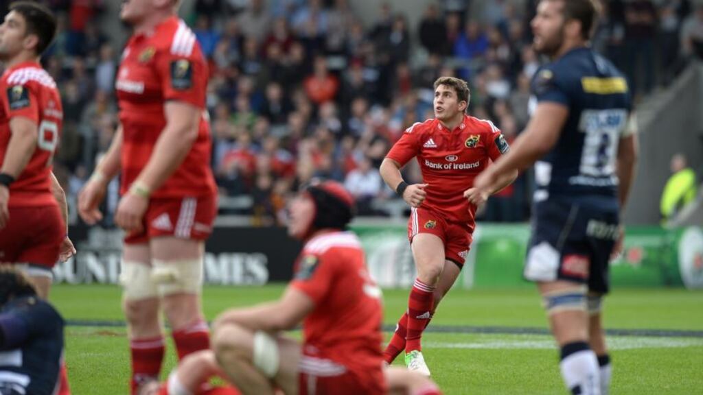 Munster outhalf Ian Keatley looks up after kicking the match-winning drop-goal against Sale Sharks during the European Champions Cup clash at the AJ Bell Stadium in Salford, England. Photo: Gareth Copley/Getty Images