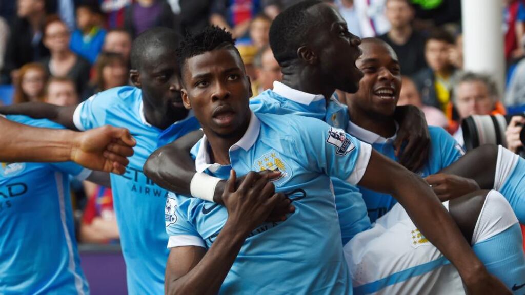 Kelechi Iheanacho of Manchester City celebrates scoring his team’s goal during the Barclays Premier League against Crystal Palace. Photograph: Mike Hewitt/Getty Images