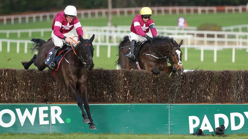 Delta Work (L) and Davy Russell on their way to Grade One success at Leopardstown. Photograph: Niall Carson/PA