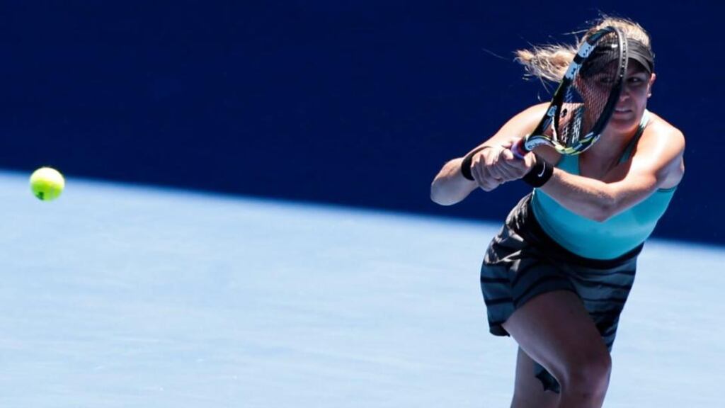 Eugenie Bouchard of Canada in action against Ana Ivanovic of Serbia at the Australian Open in Melbourne. Photograph: Narenda Shrestha/EPA
