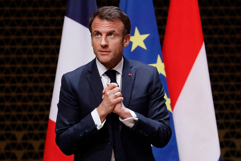 French President Emmanuel Macron delivers a speech to the Nexus Institute in the Amare theatre in The Hague on April 11th. Photograph: Ludovic Marin/AFP via Getty Images