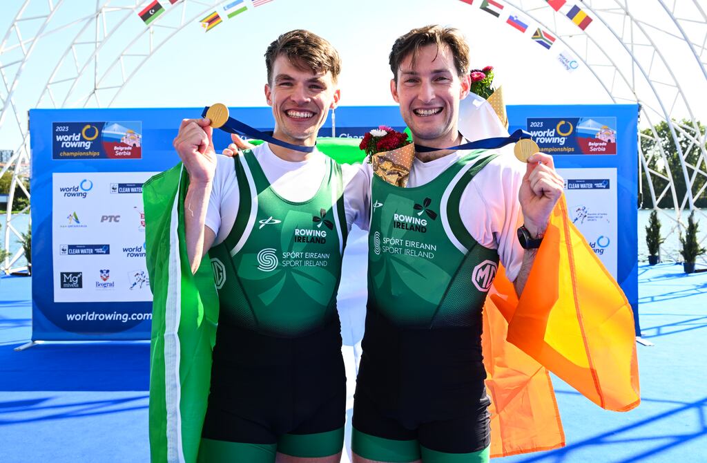 Ireland’s Fintan McCarthy and Paul O’Donovan after winning gold at the World Rowing Championships 2023. Photograph: Detlev Seyb/Inpho