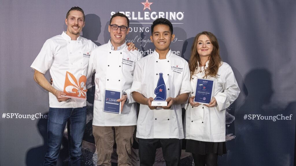 Nicolas Fagundes Galindo (second from left), from Chapter One in Dublin, accepting his San Pellegrino award alongside Pippa Lovell and Timothée Martin-Nadaud and overall winner Jerome Calayag (third from left).