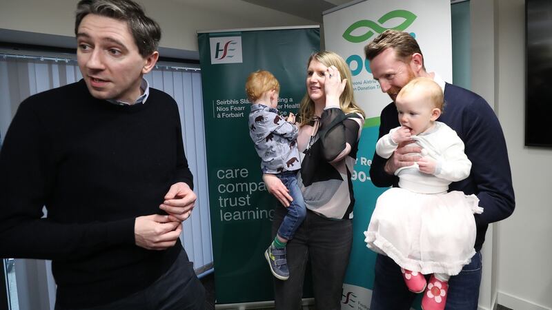 Pictured at the announcement by the HSE of organ donation and transplant figures for 2019 were Minister for Health Simon Harris with the Quinn family who donated their daughter Matilda’s organs when she died aged 8 months. Her parents Brendan and Rebecca attend the announcement with their children Leo (2) and and Eve (11 months). Photograph: Nick Bradshaw/The Irish Times
